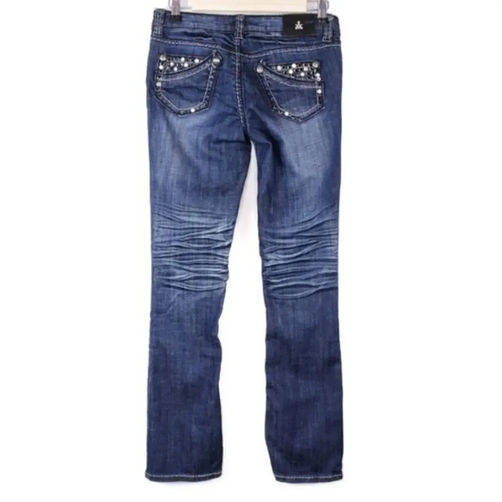 Buckle Antique Rivet Factory Distressed Rhinestone Pocket Boot Cut Denim Jeans - Picture 1 of 6